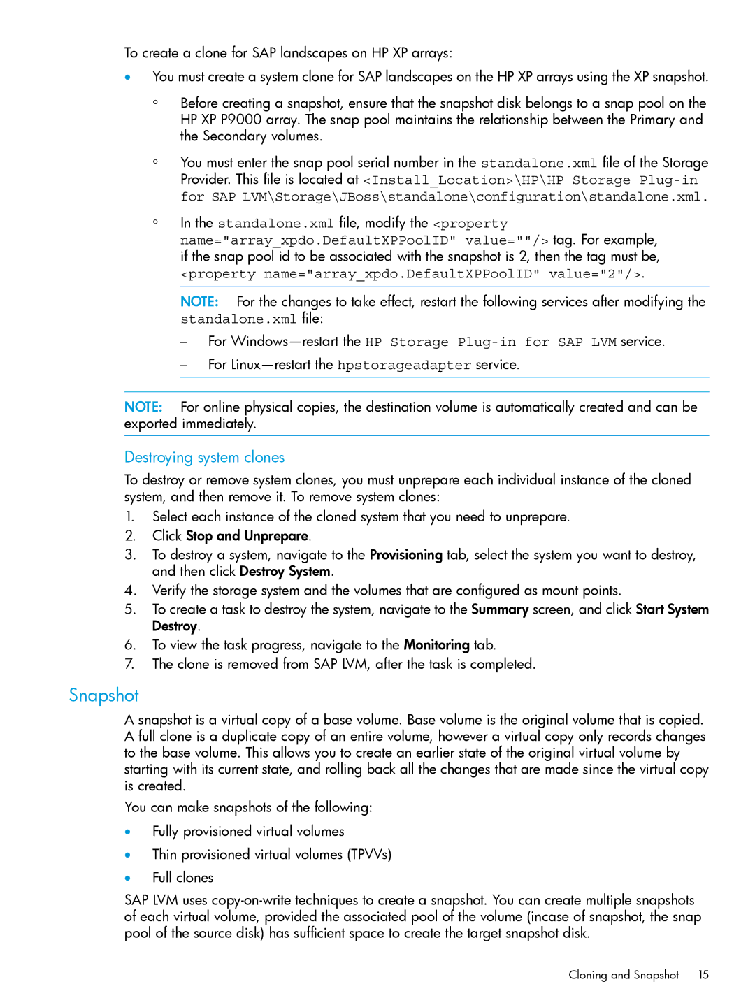 HP Plug-in for SAP NetWeaver Landscape Virtualization Management for Storage manual Snapshot, Destroying system clones 