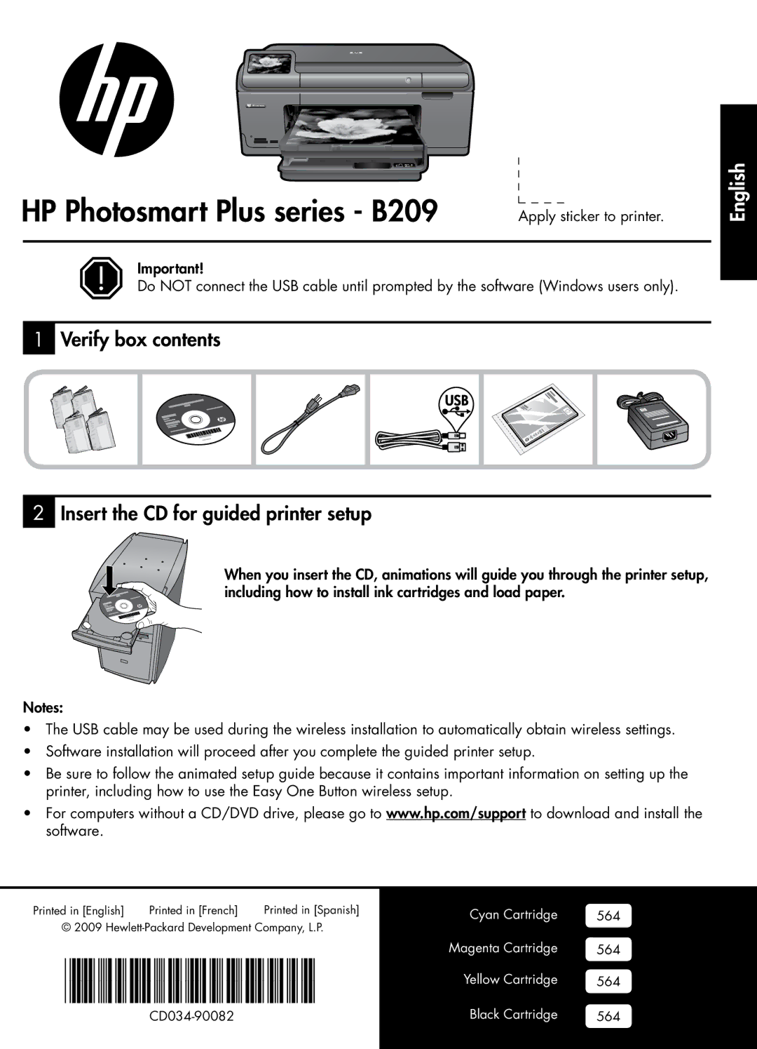 HP Plus - B209a manual HP Photosmart Plus series B209, Verify box contents Insert the CD for guided printer setup 