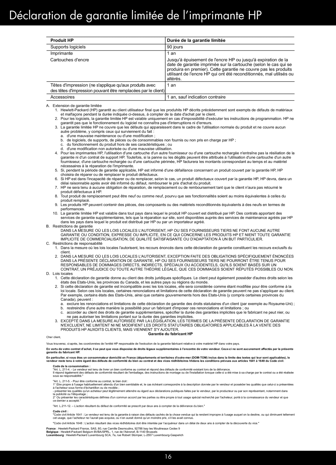 HP Plus - B209a manual Déclaration de garantie limitée de l’imprimante HP, Produit HP Durée de la garantie limitée 