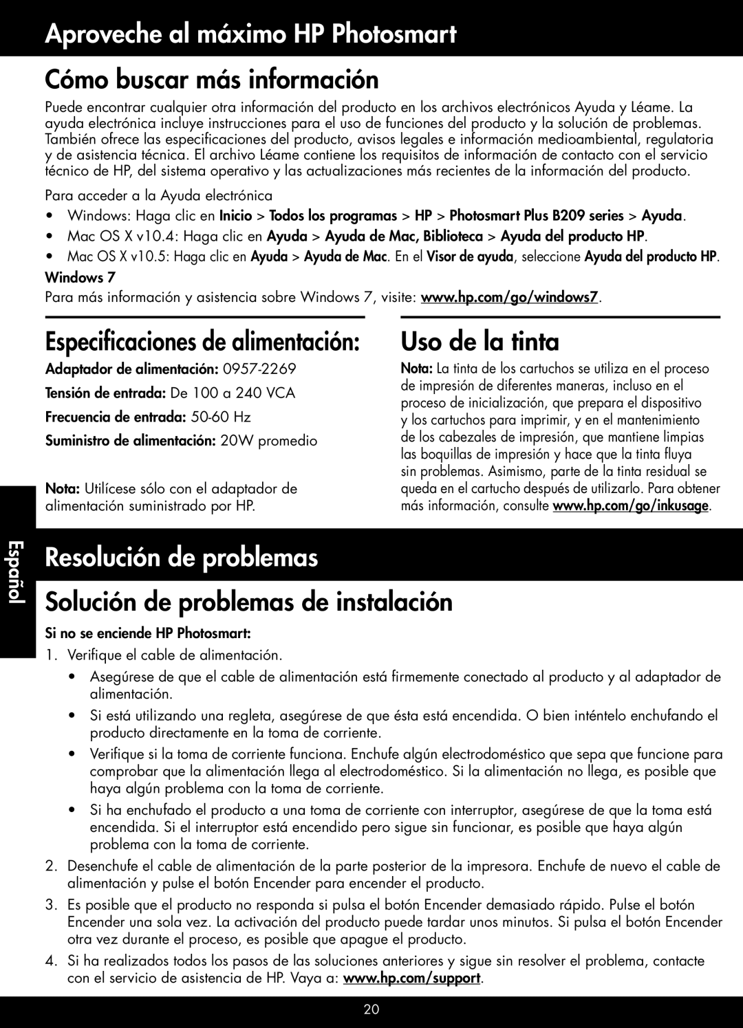 HP Plus - B209a manual Cómo buscar más información, Uso de la tinta, Resolución de problemas 