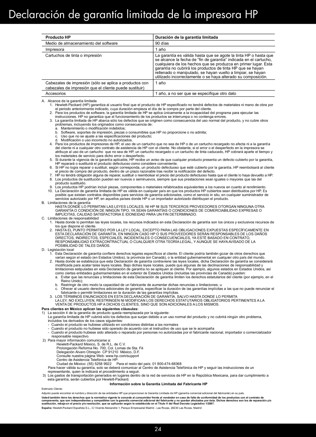 HP Plus - B209a manual Declaración de garantía limitada de la impresora HP, Producto HP Duración de la garantía limitada 