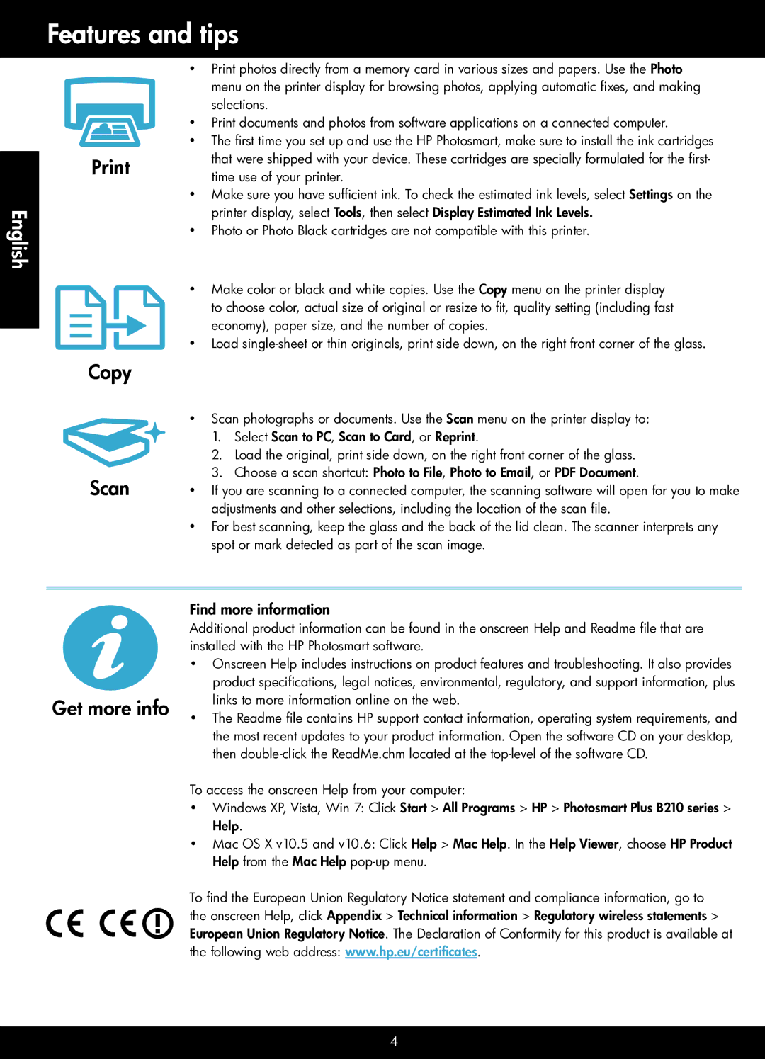 HP Plus - B210e, Plus - B210a manual Features and tips, Print, Scan, Find more information 