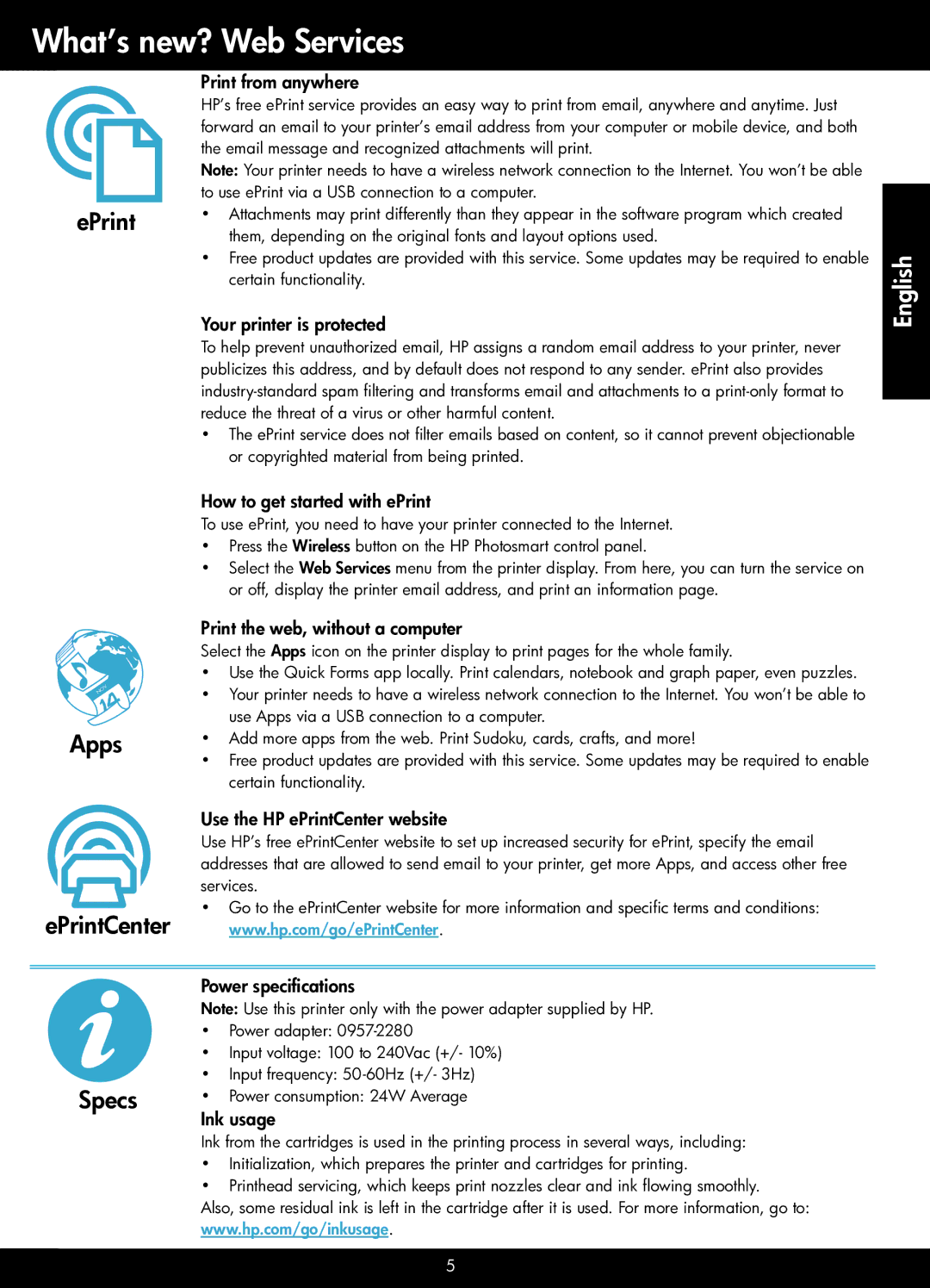 HP Plus - B210a, Plus - B210e manual What’s new? Web Services, Apps EPrintCenter, Specs 