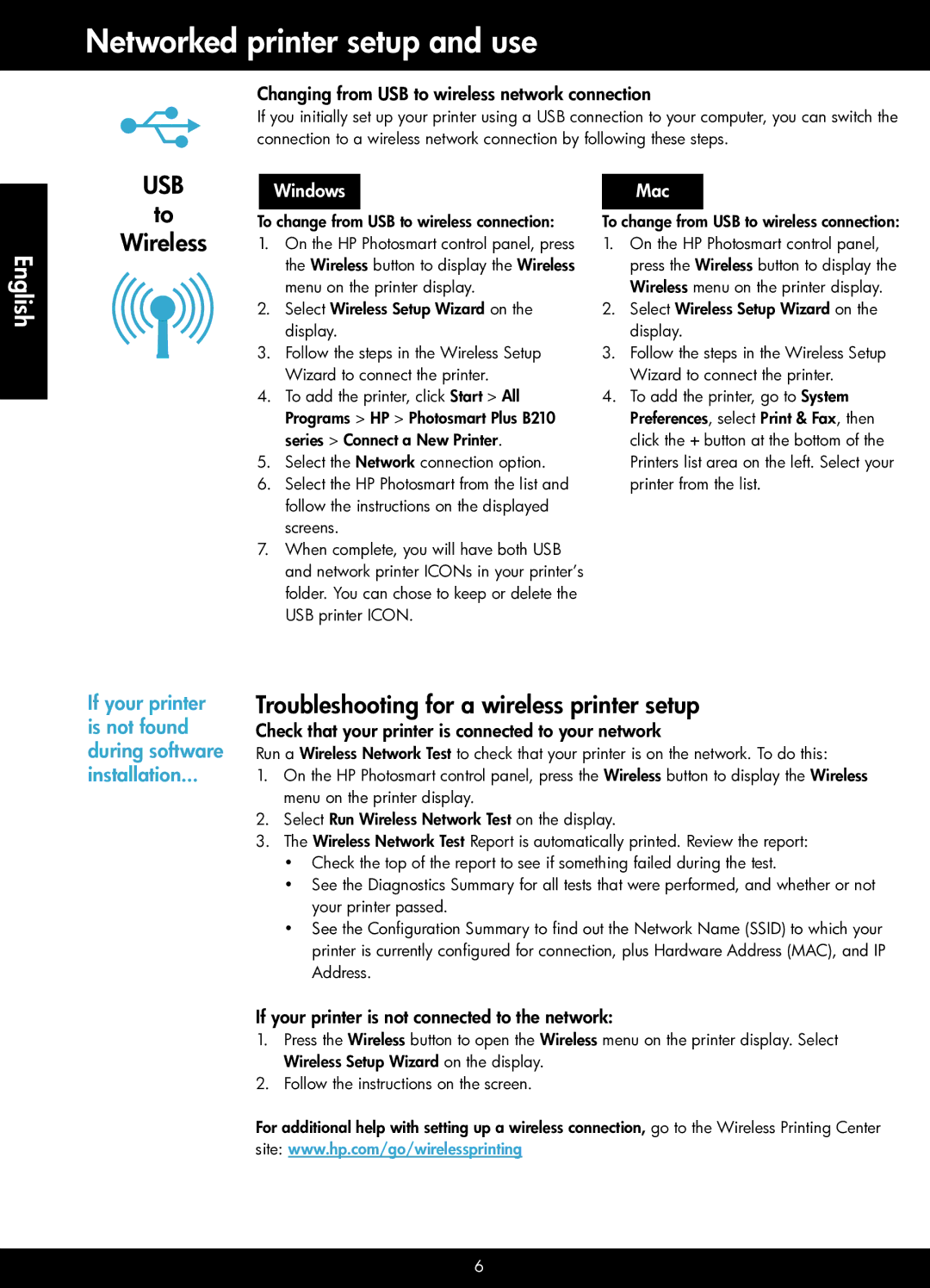 HP Plus - B210e, Plus - B210a manual Networked printer setup and use, Wireless, Troubleshooting for a wireless printer setup 