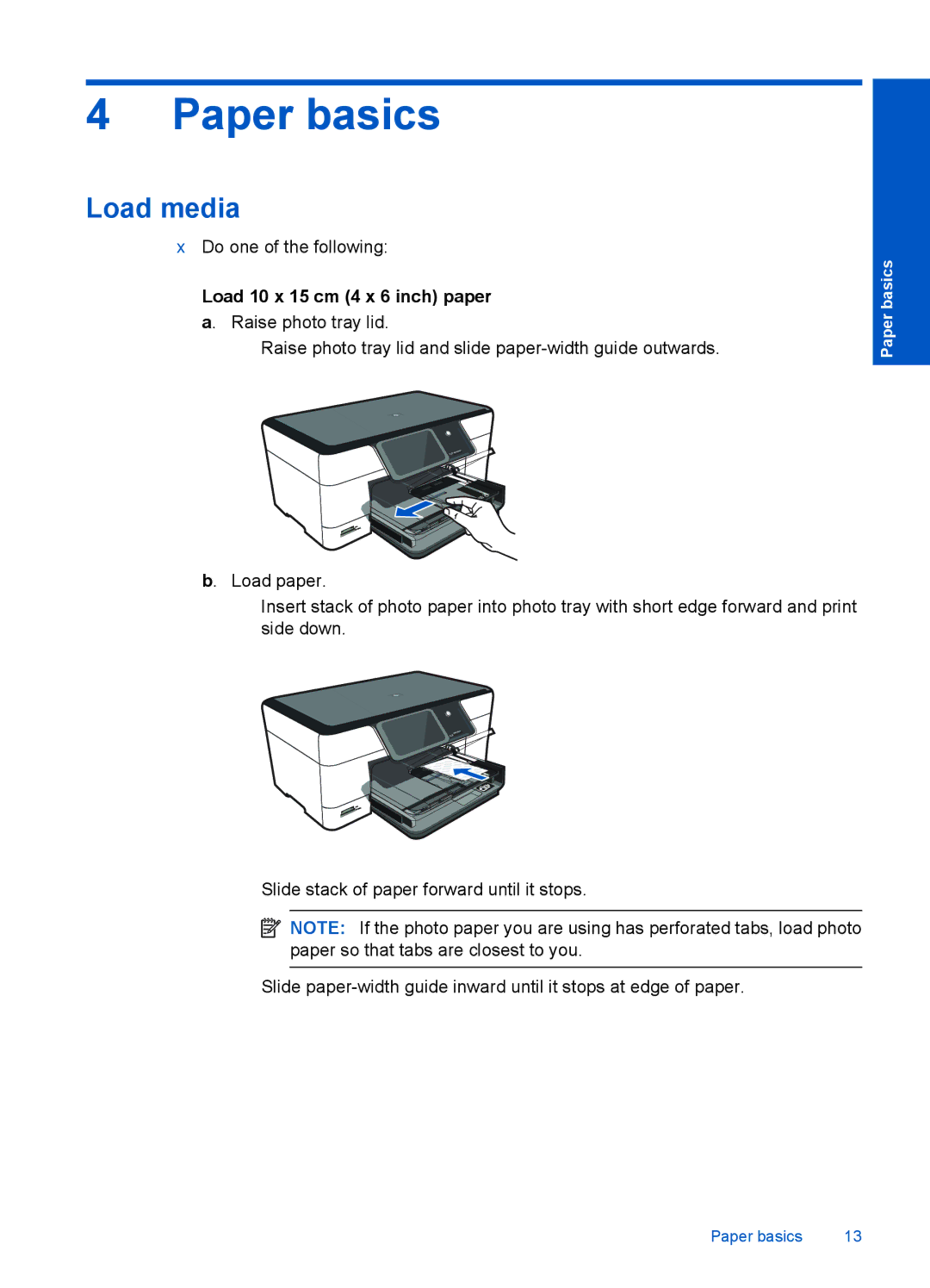 HP Plus - B210e, Plus - B210b manual Paper basics, Load media, Load 10 x 15 cm 4 x 6 inch paper a. Raise photo tray lid 