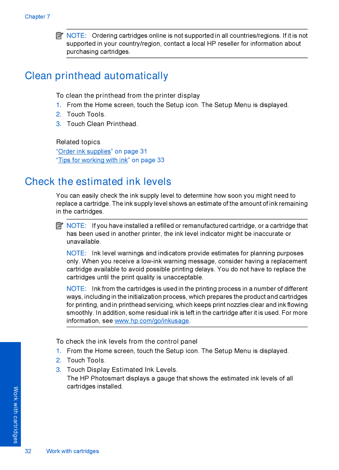 HP Plus - B210b, Plus - B210e, Plus - B210a manual Clean printhead automatically, Check the estimated ink levels 