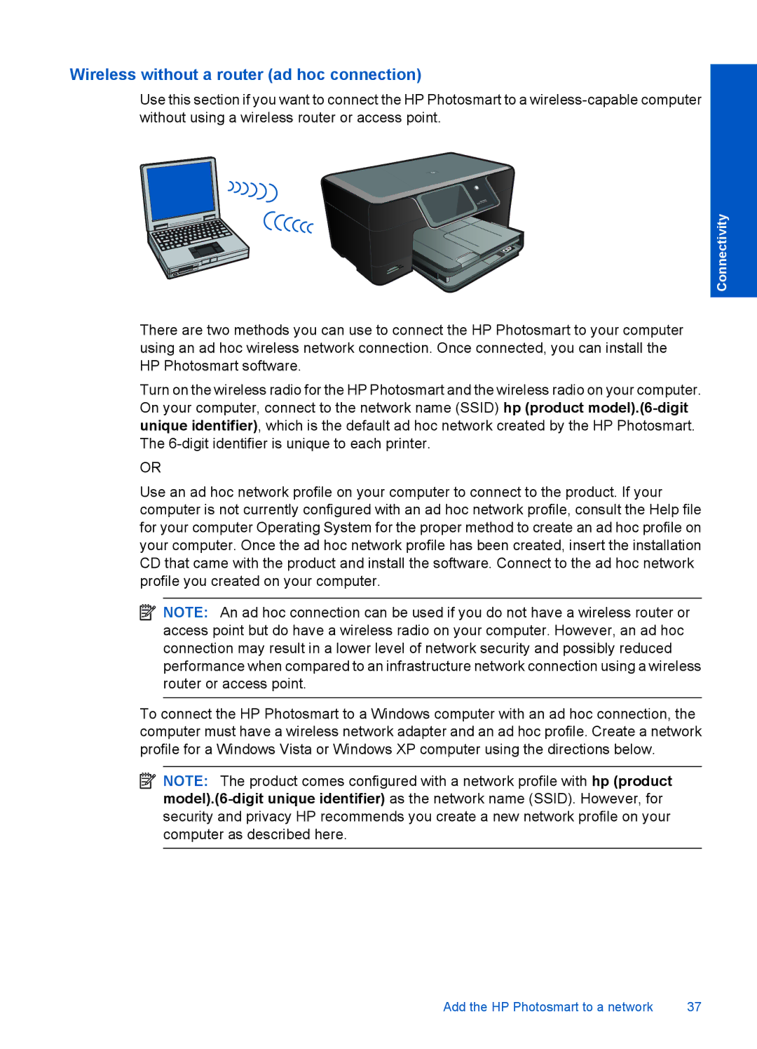 HP Plus - B210e, Plus - B210b, Plus - B210a manual Wireless without a router ad hoc connection 