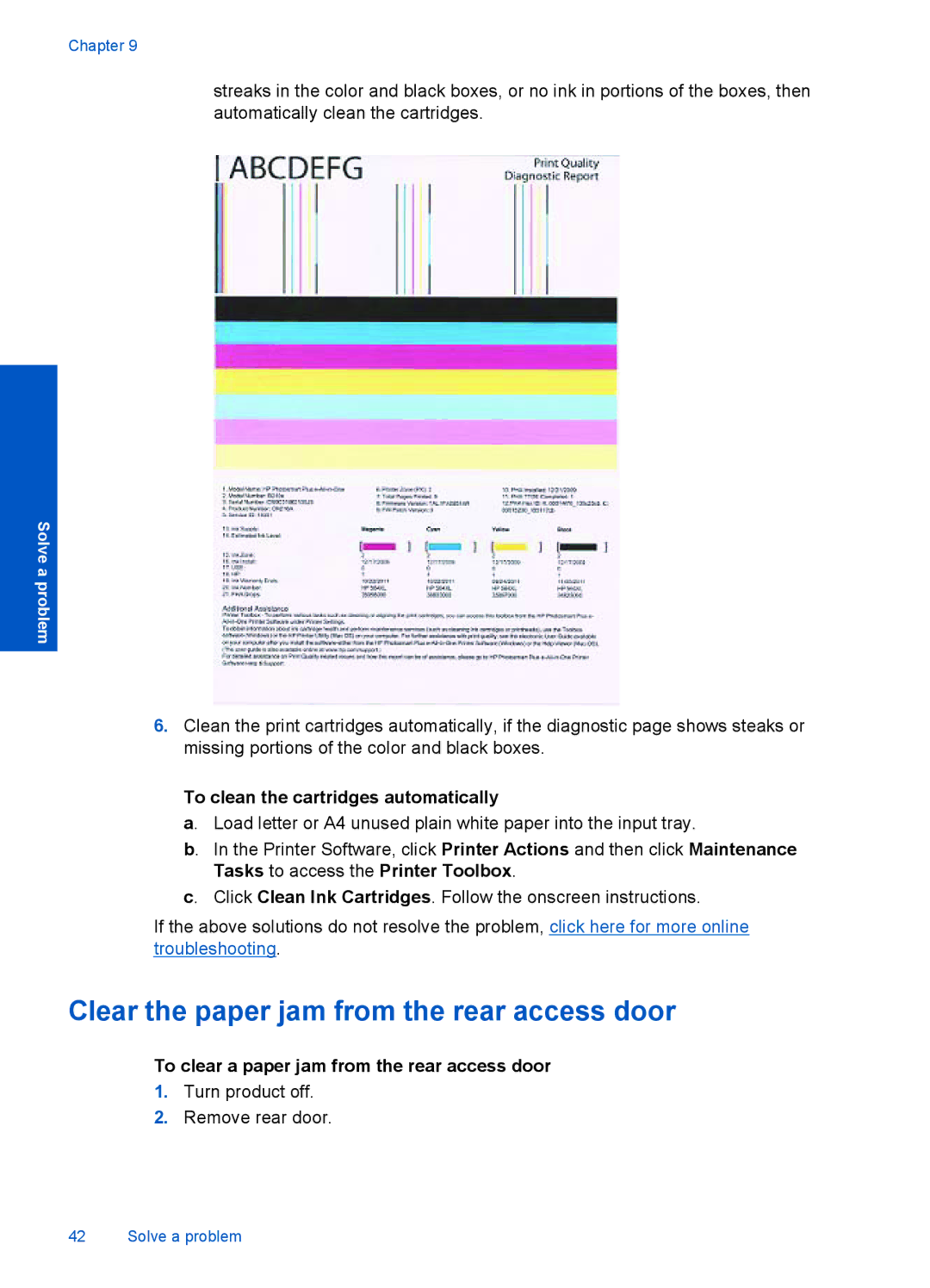 HP Plus - B210a, Plus - B210e manual Clear the paper jam from the rear access door, To clean the cartridges automatically 