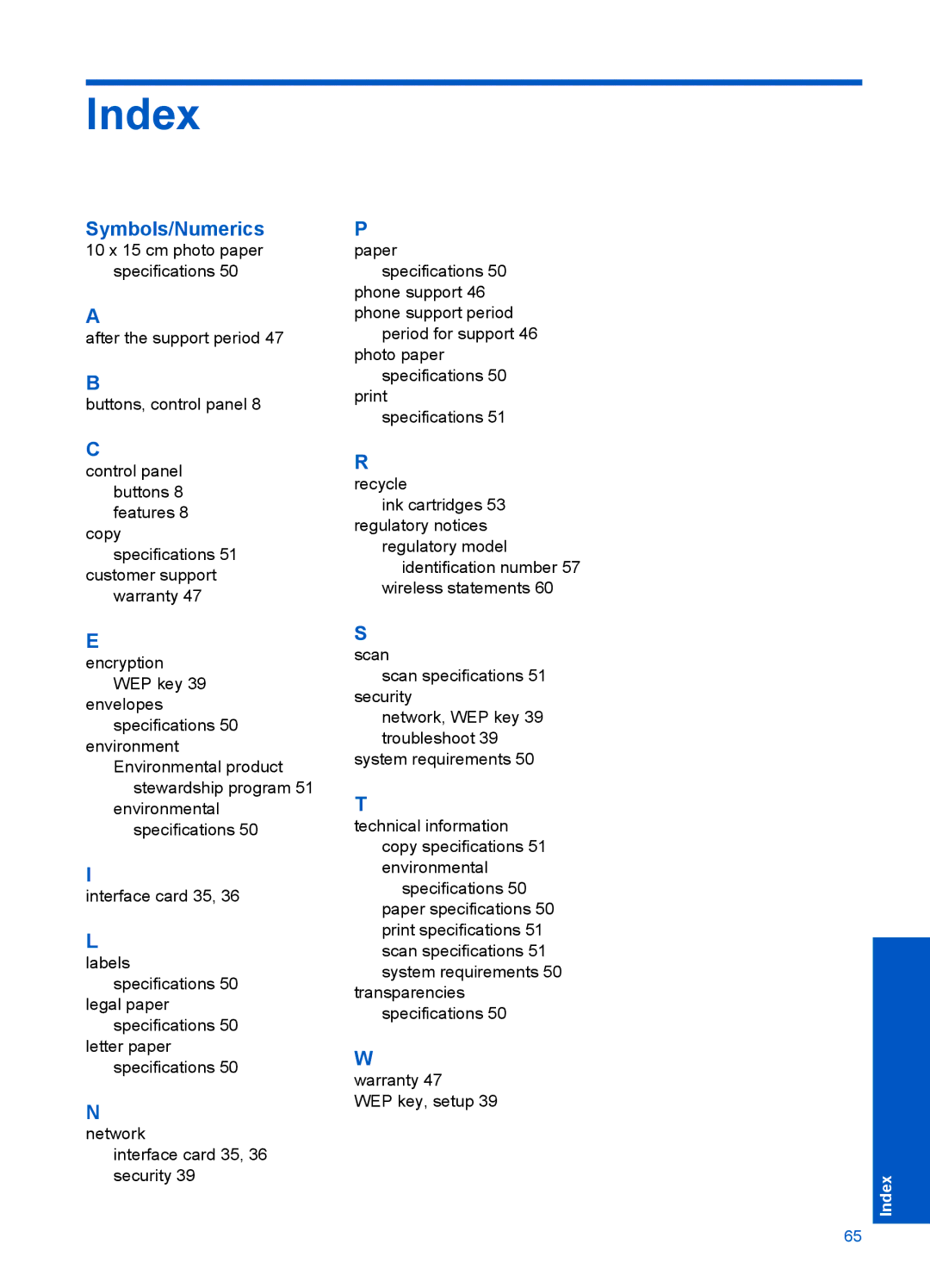 HP Plus - B210b, Plus - B210e, Plus - B210a manual Index, Symbols/Numerics 