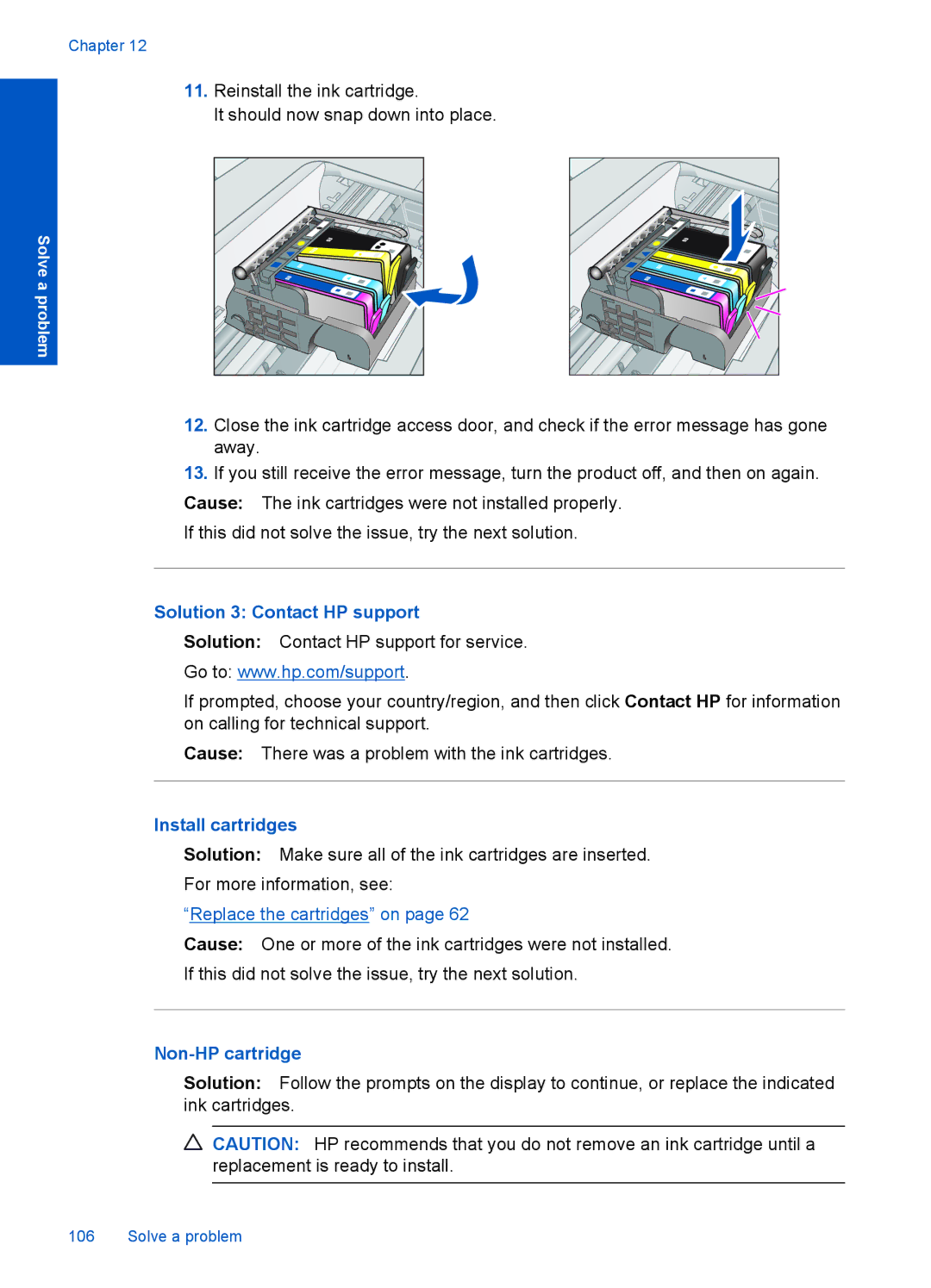 HP Plus B209 Multifunction Photo CD035A#ABA manual Solution 3 Contact HP support, Install cartridges, Non-HP cartridge 