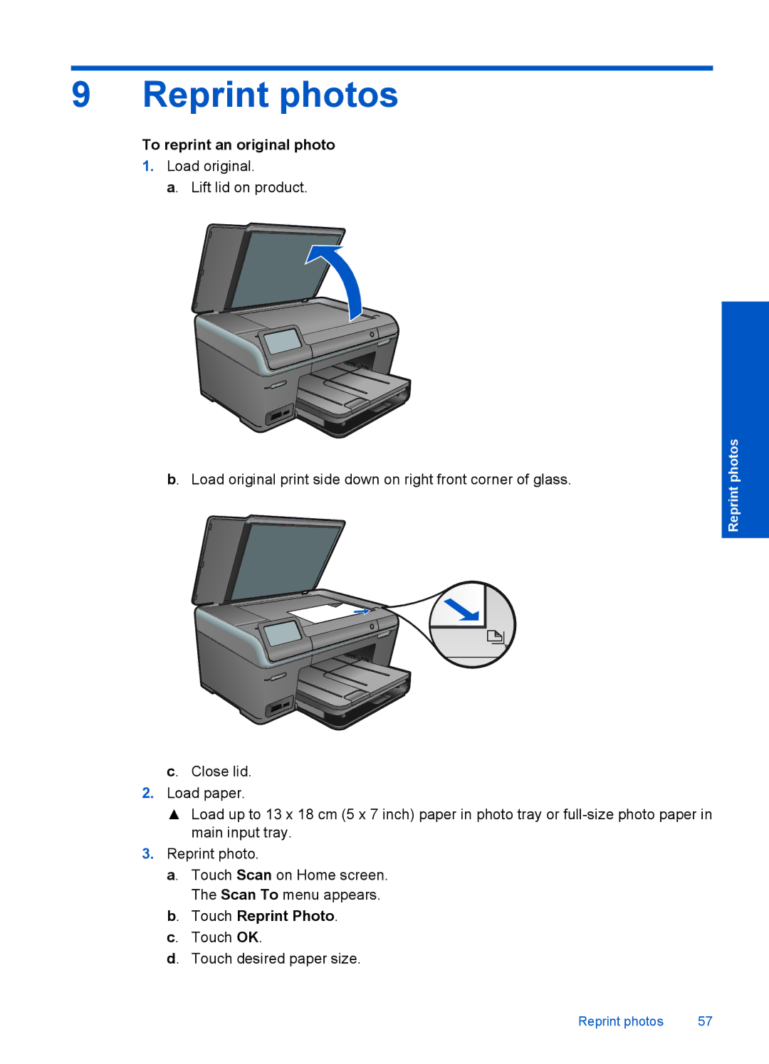 HP Plus B209 Multifunction Photo CD035A#ABA Reprint photos, To reprint an original photo, Touch Reprint Photo. c. Touch OK 