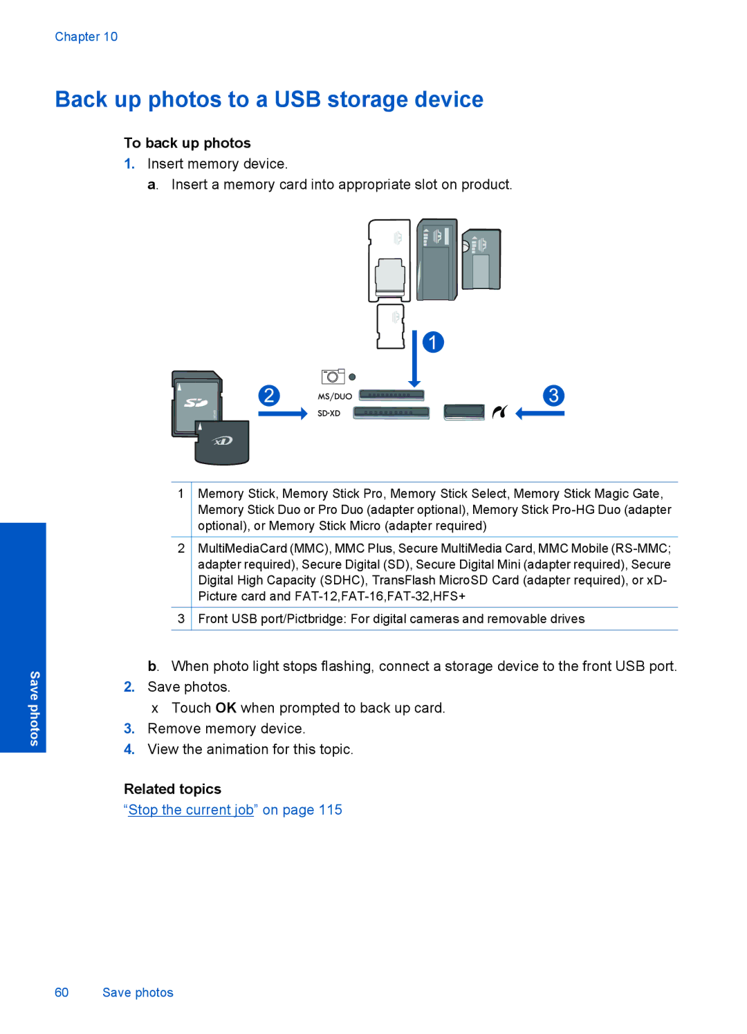 HP Plus B209 Multifunction Photo CD035A#ABA manual Back up photos to a USB storage device, To back up photos 