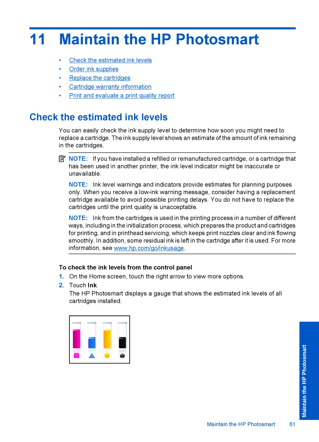 HP Plus B209 Multifunction Photo CD035A#ABA manual Maintain the HP Photosmart, Check the estimated ink levels 