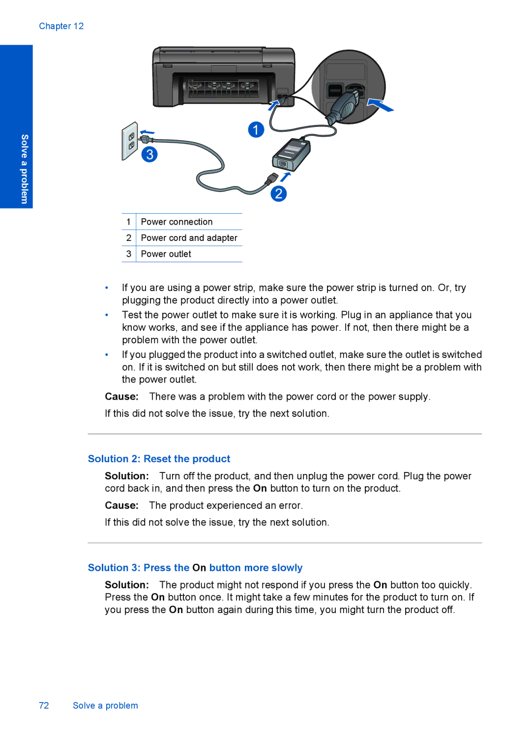 HP Plus B209 Multifunction Photo CD035A#ABA manual Solution 2 Reset the product, Solution 3 Press the On button more slowly 