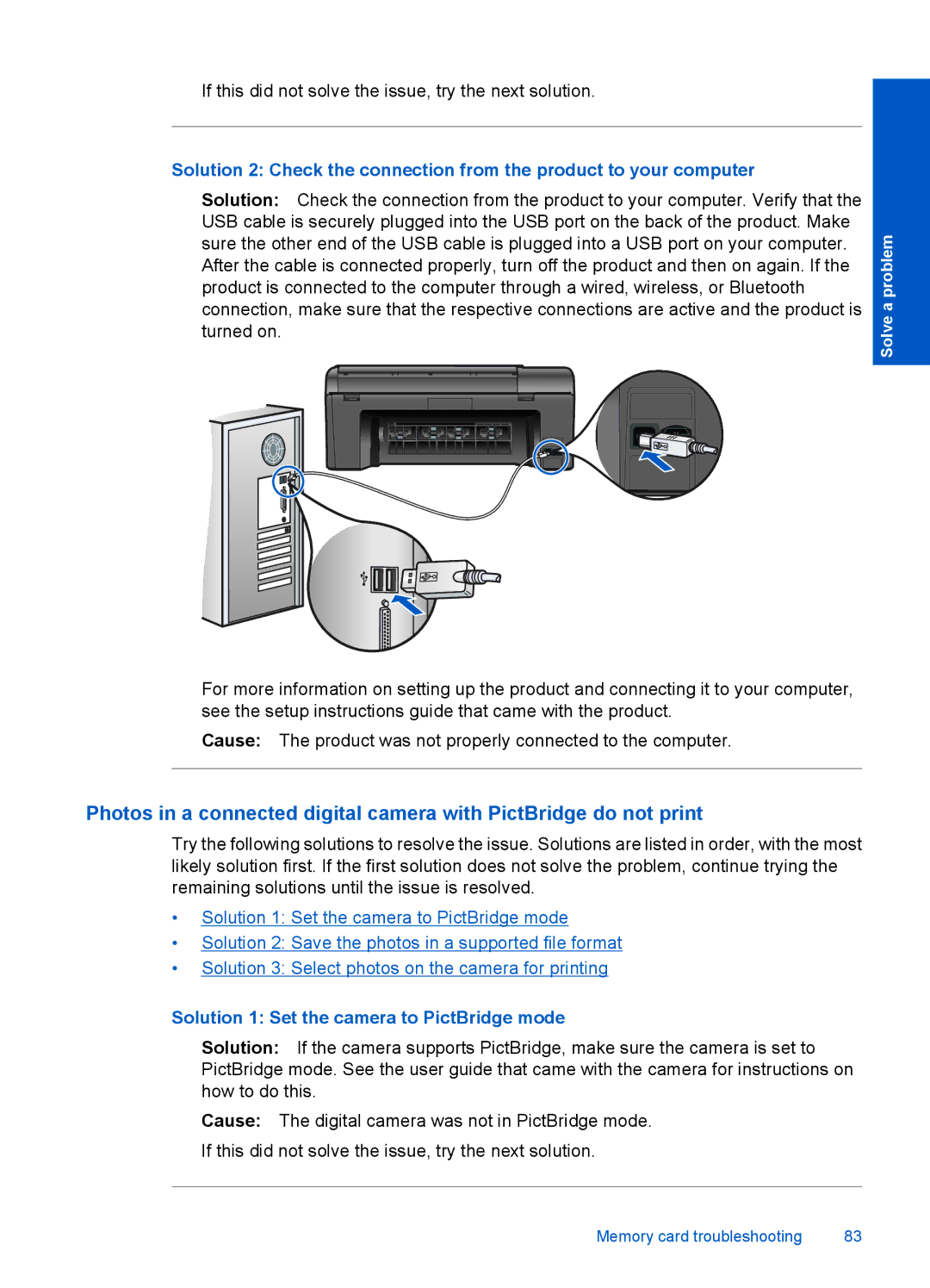 HP Plus B209 Multifunction Photo CD035A#ABA manual Solution 1 Set the camera to PictBridge mode 