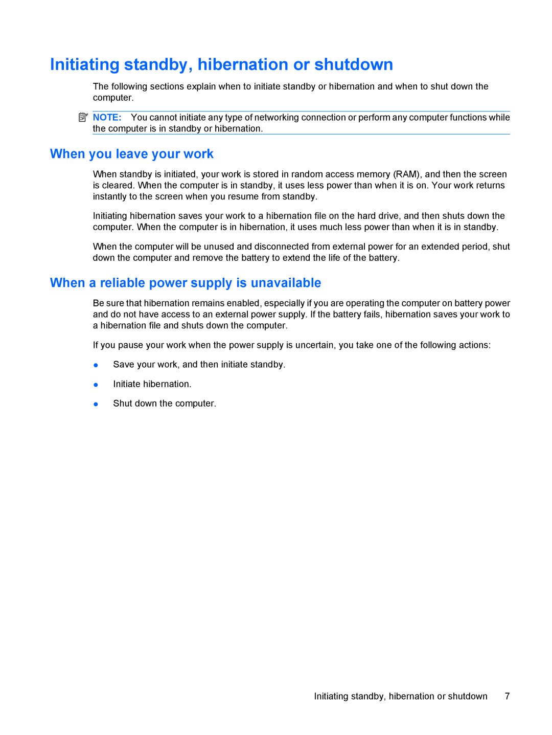 HP Power Management manual Initiating standby, hibernation or shutdown, When you leave your work 