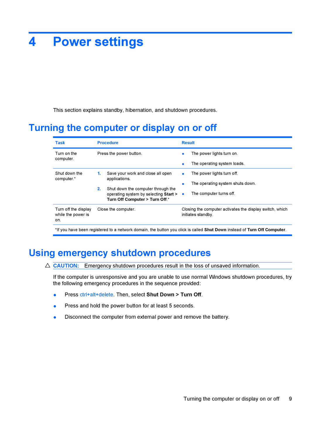 HP Power Management manual Power settings, Turning the computer or display on or off, Using emergency shutdown procedures 