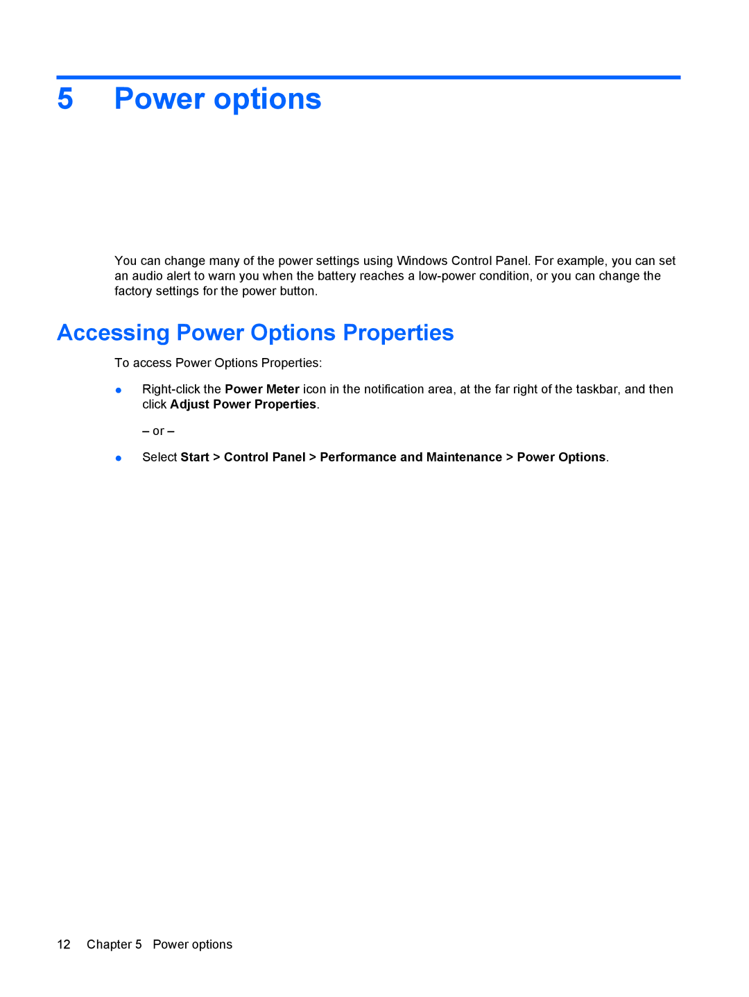 HP Power Management manual Power options, Accessing Power Options Properties 