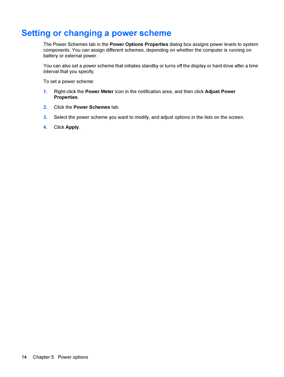 HP Power Management manual Setting or changing a power scheme 