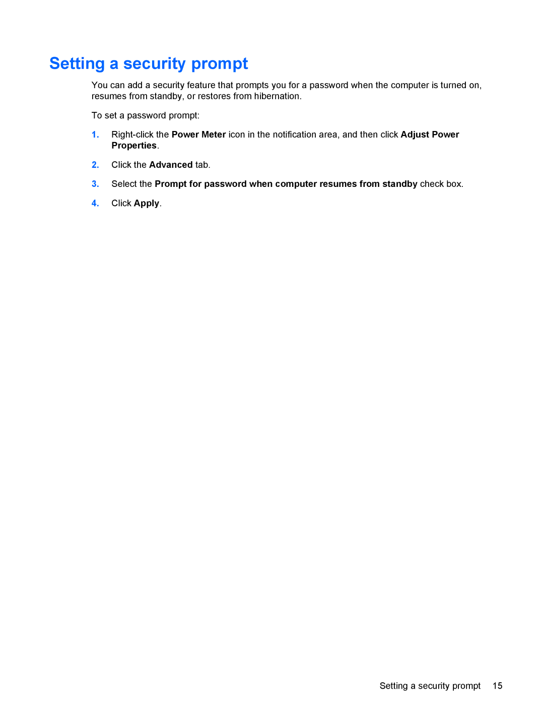 HP Power Management manual Setting a security prompt 