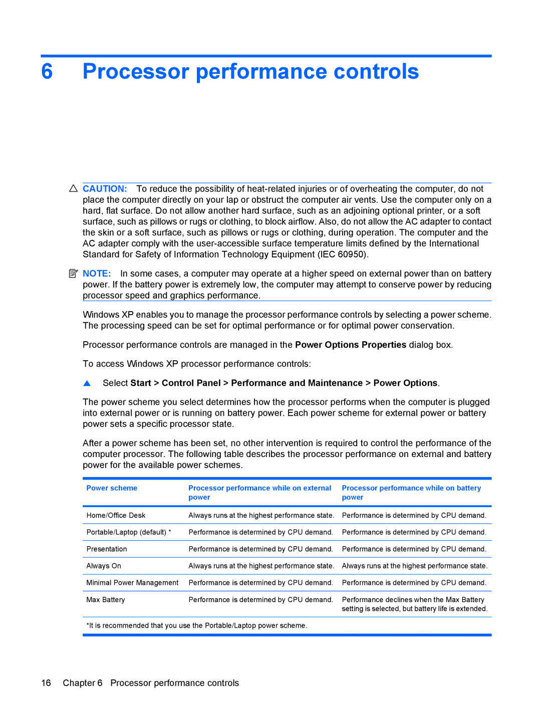 HP Power Management manual Processor performance controls 