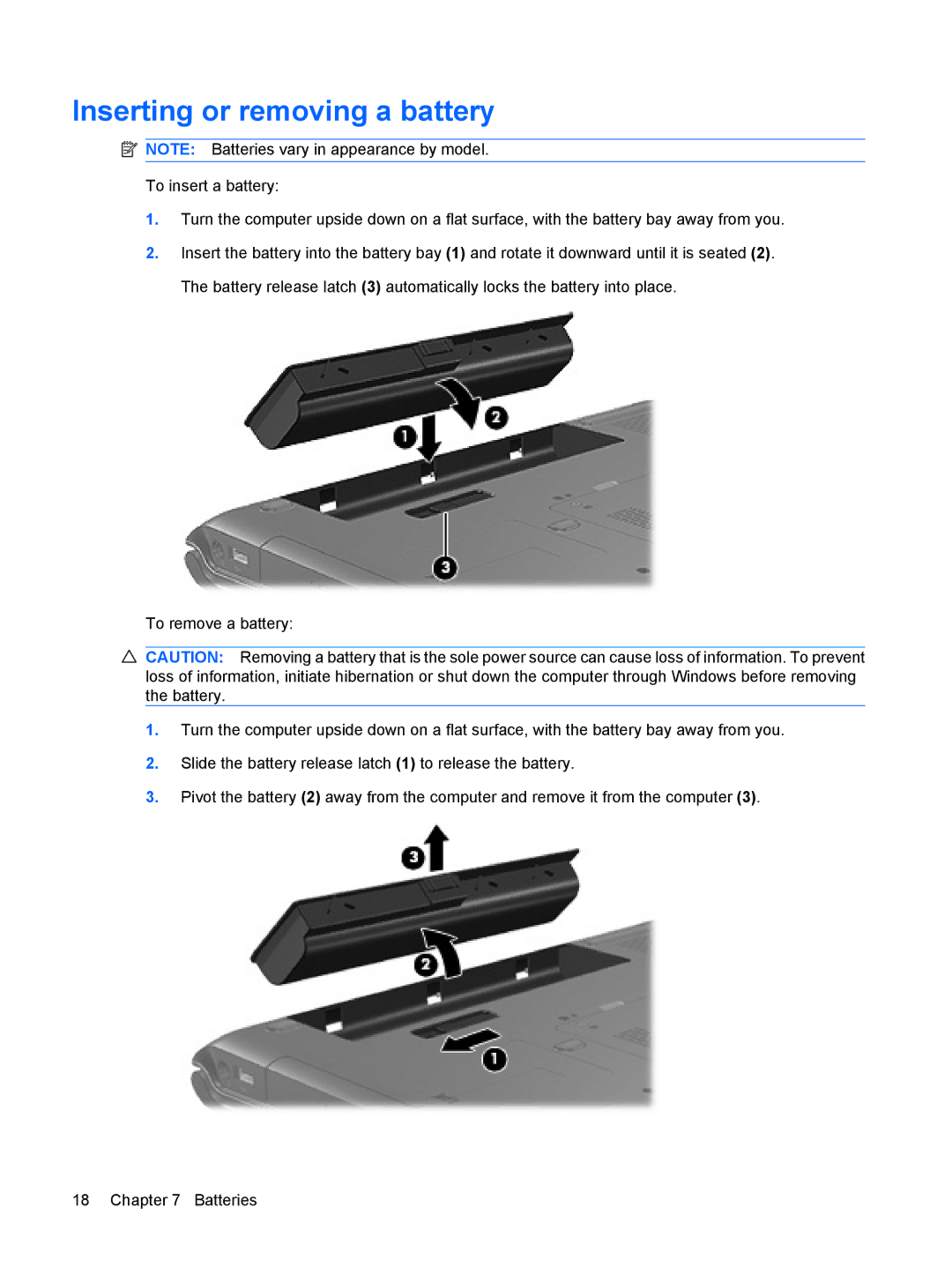 HP Power Management manual Inserting or removing a battery 