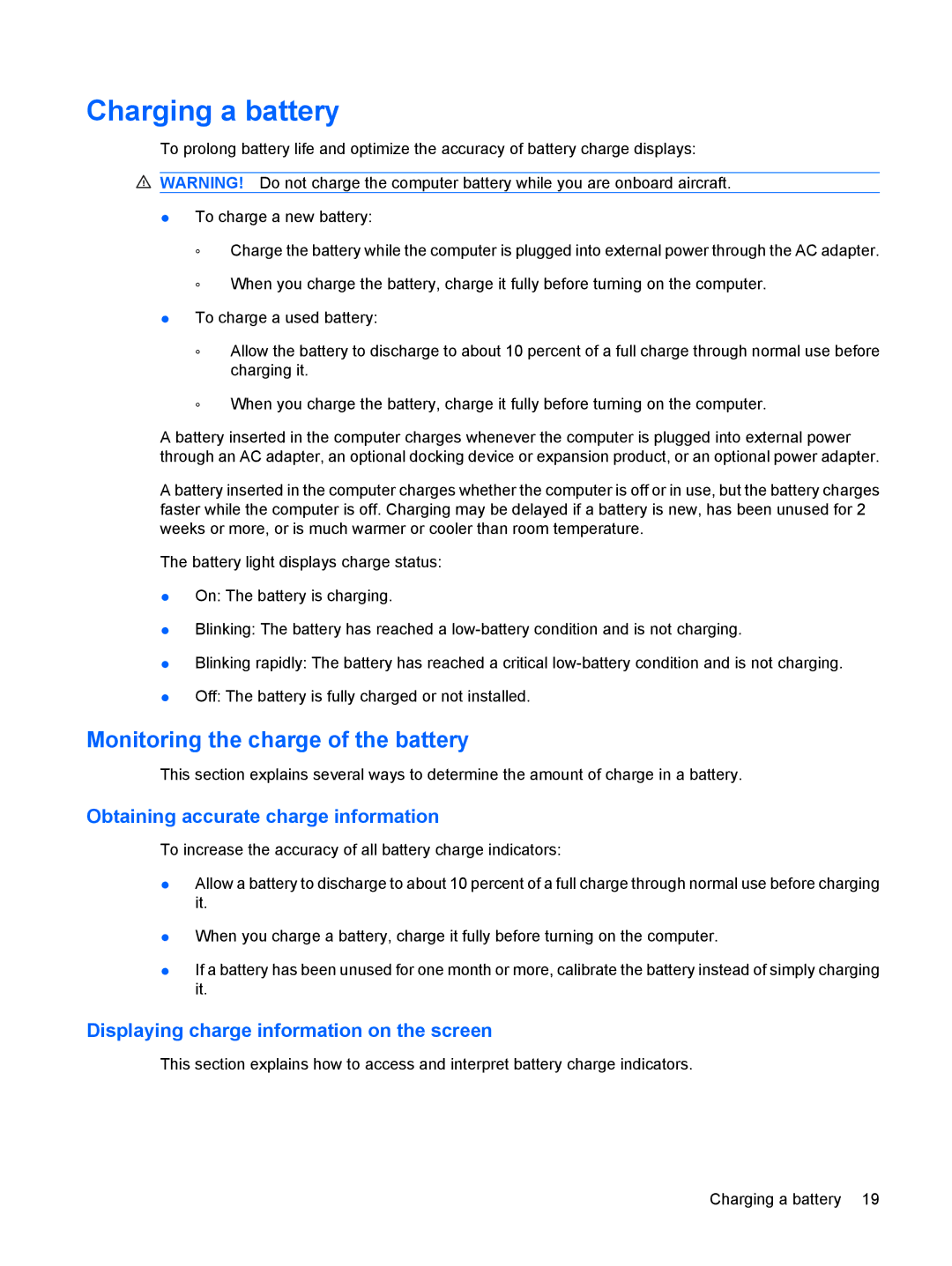 HP Power Management manual Charging a battery, Monitoring the charge of the battery, Obtaining accurate charge information 