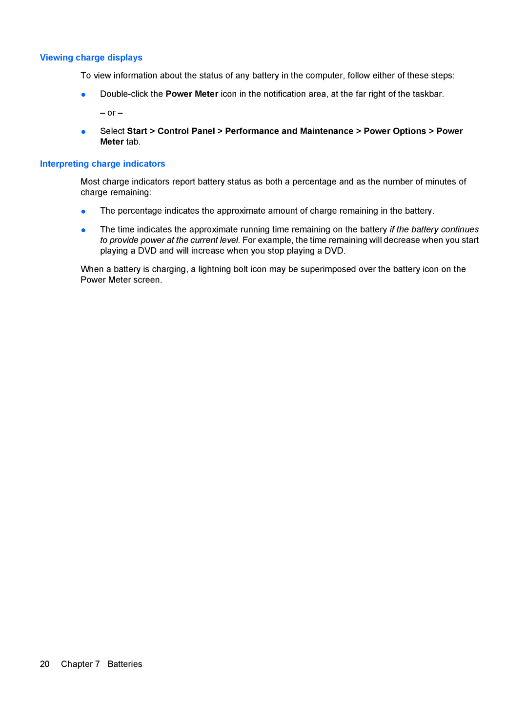 HP Power Management manual Viewing charge displays 