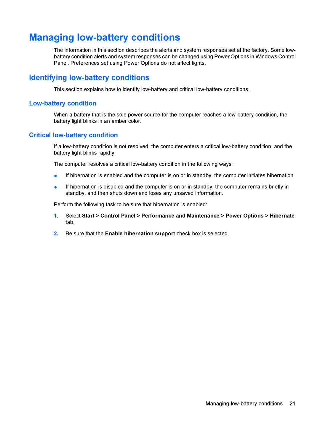 HP Power Management manual Managing low-battery conditions, Identifying low-battery conditions, Low-battery condition 