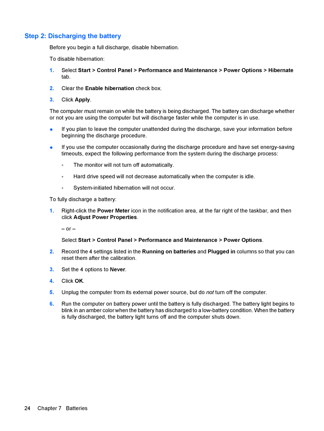 HP Power Management manual Discharging the battery 