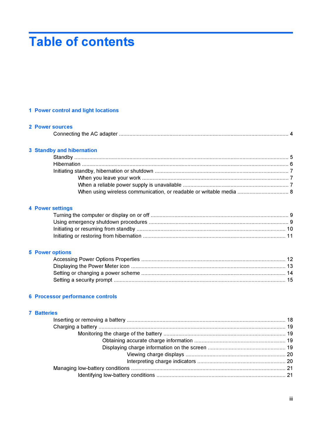 HP Power Management manual Table of contents 