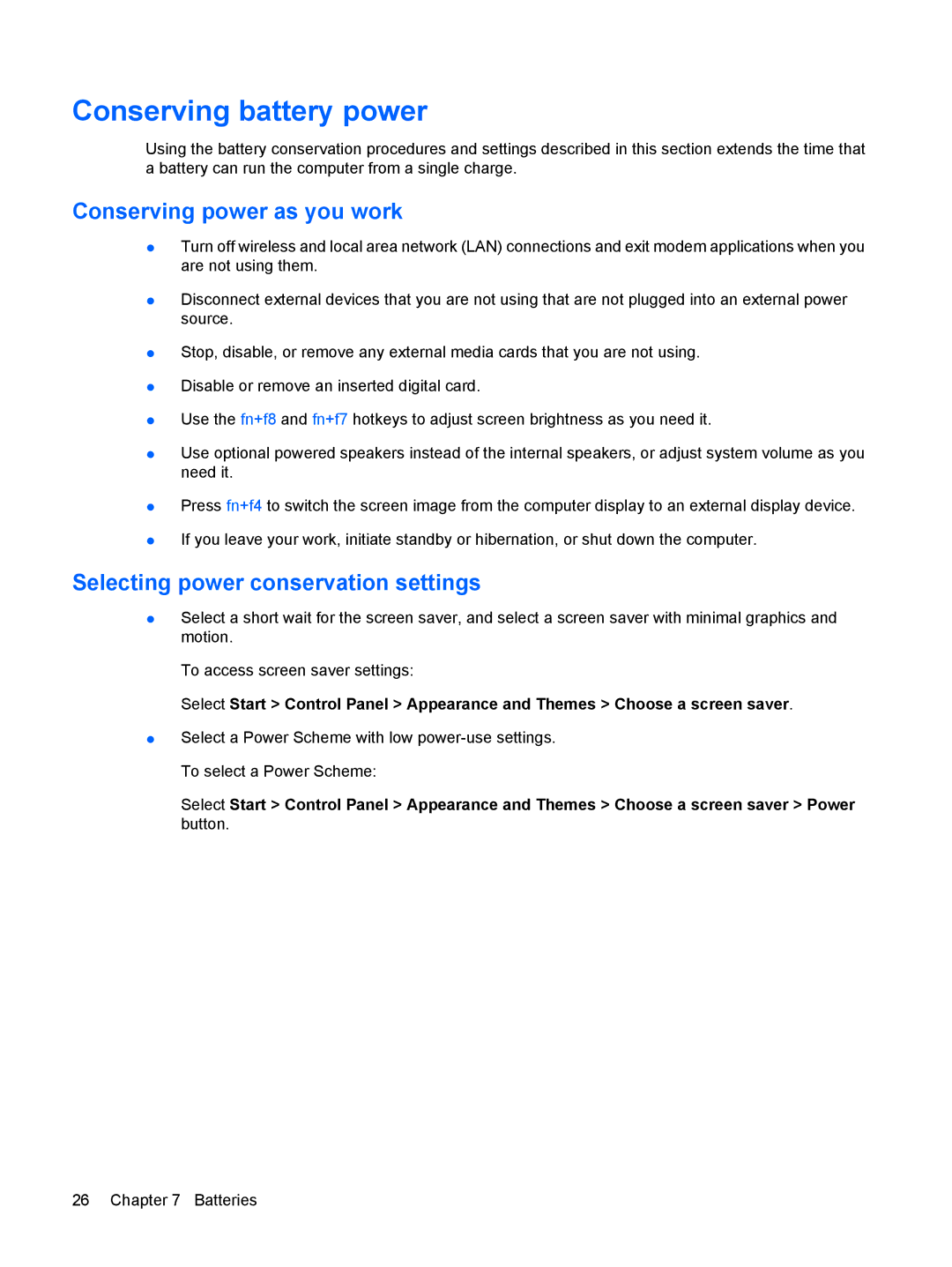 HP Power Management manual Conserving battery power, Conserving power as you work, Selecting power conservation settings 