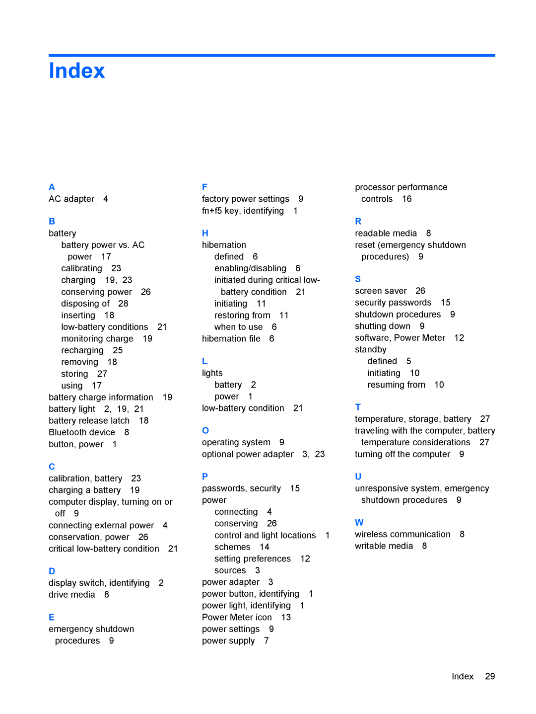 HP Power Management manual Index, AC adapter 