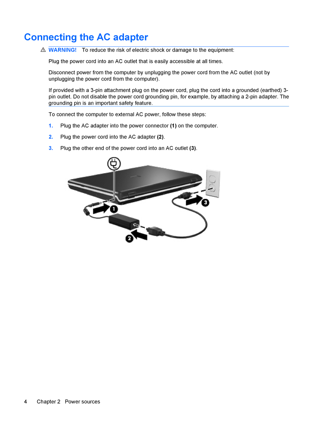 HP Power Management manual Connecting the AC adapter 