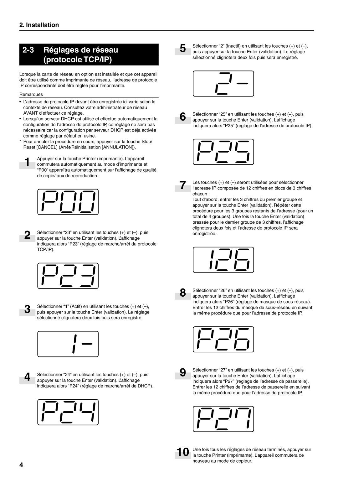 HP Power manual Réglages de réseau Protocole TCP/IP, Indiquera alors P24 réglage de marche/arrêt de Dhcp 