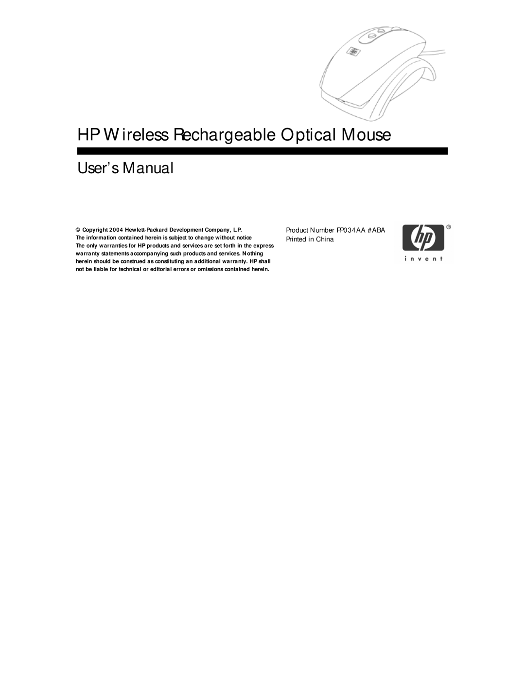 HP PP034AA #ABA manual HP Wireless Rechargeable Optical Mouse 