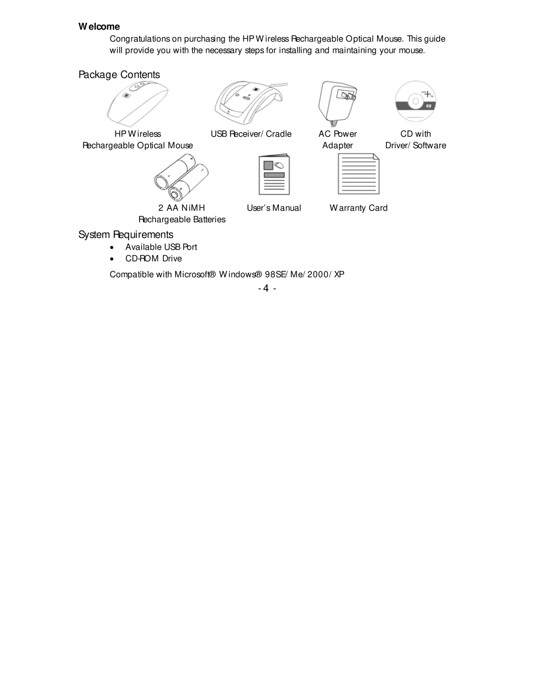 HP PP034AA #ABA manual Welcome, Package Contents, System Requirements 