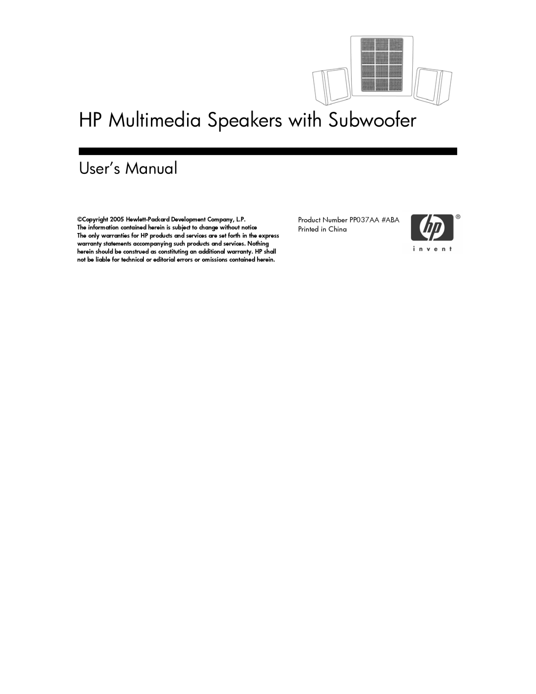 HP PP037AA #ABA manual HP Multimedia Speakers with Subwoofer 