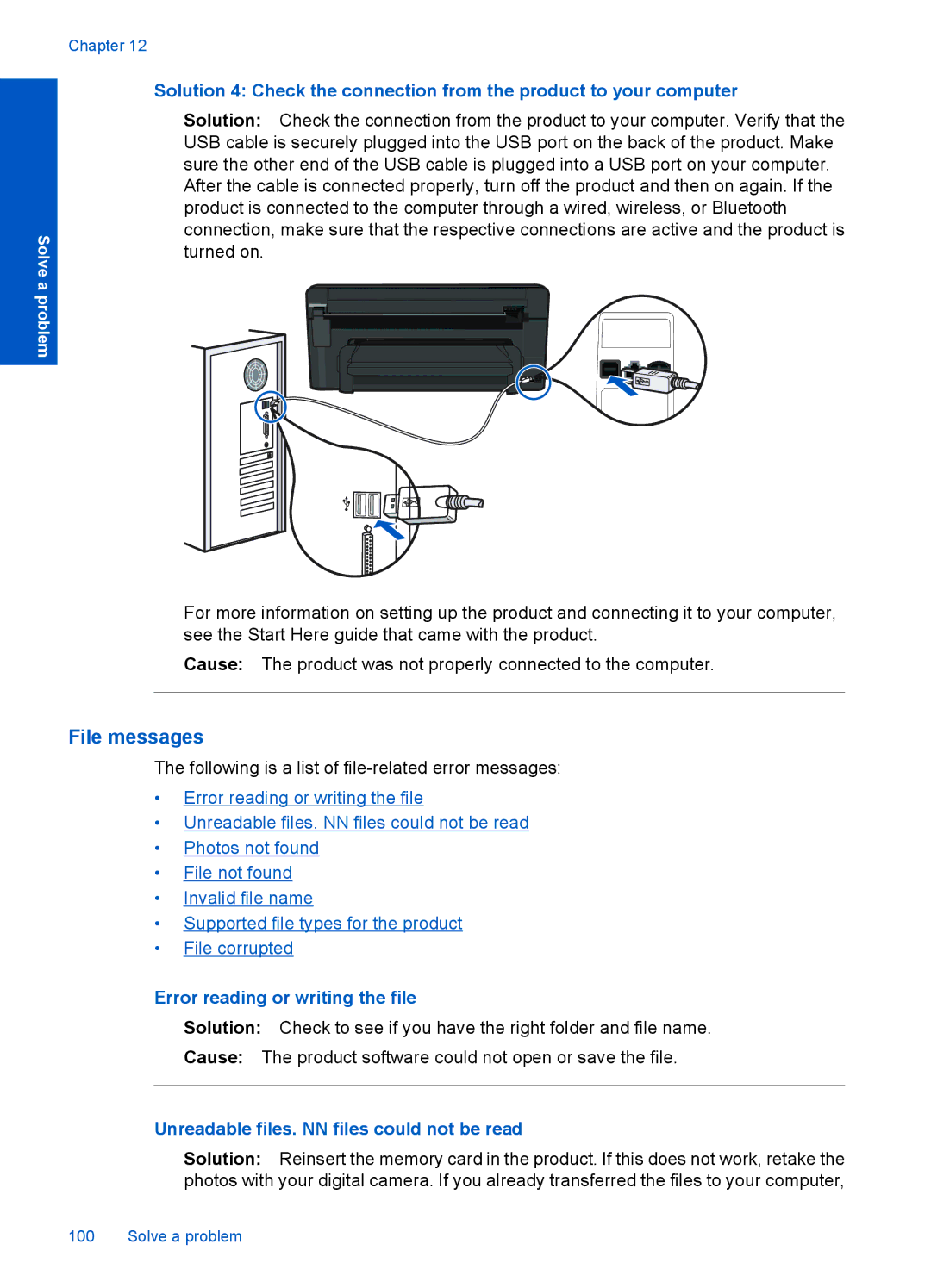 HP Premium - C309g manual File messages, Error reading or writing the file, Unreadable files. NN files could not be read 