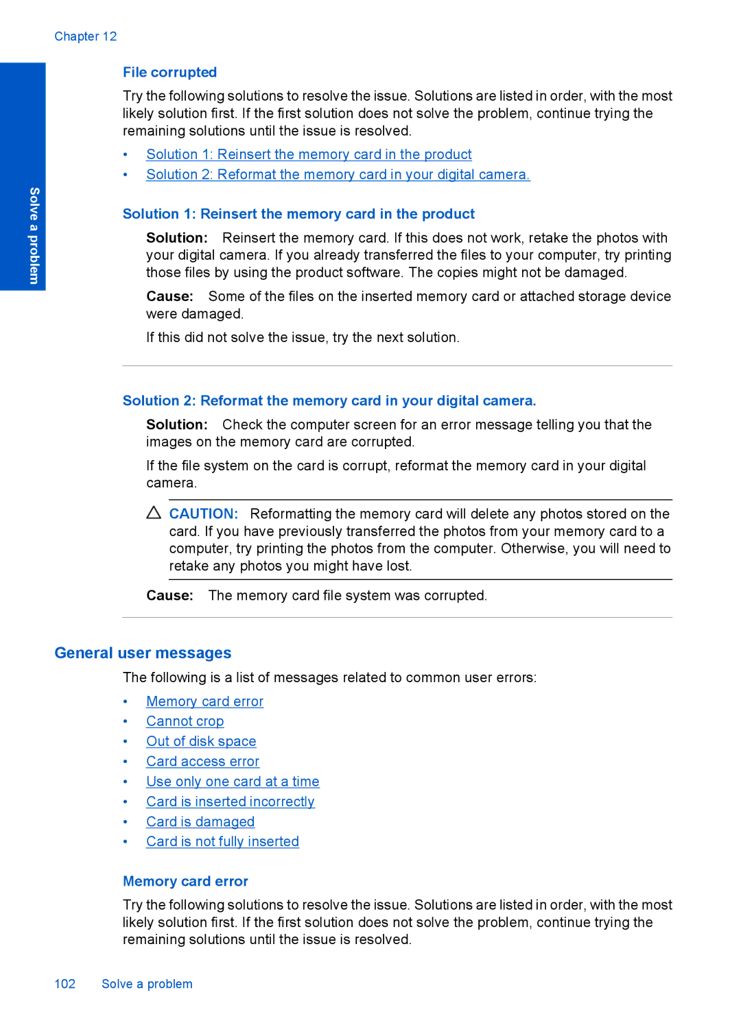 HP Premium - C309g manual General user messages, File corrupted, Solution 1 Reinsert the memory card in the product 