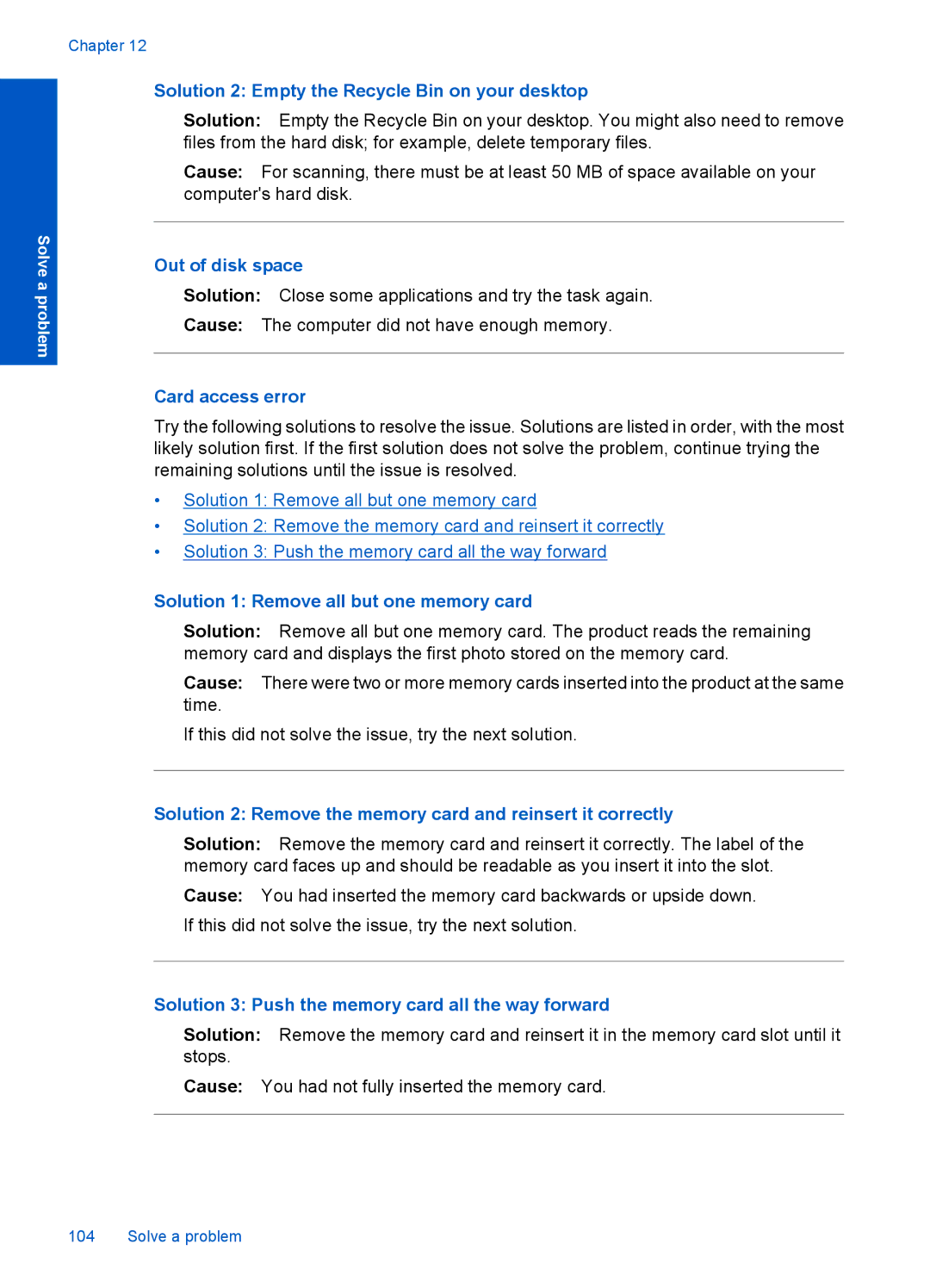 HP Premium - C309g manual Solution 2 Empty the Recycle Bin on your desktop, Out of disk space, Card access error 