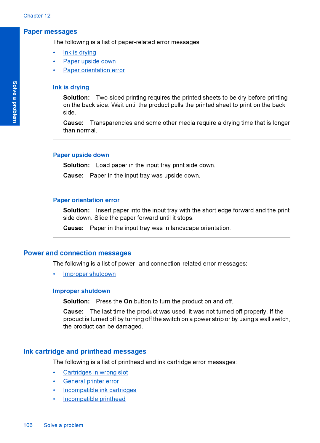 HP Premium - C309g manual Paper messages, Power and connection messages, Ink cartridge and printhead messages 