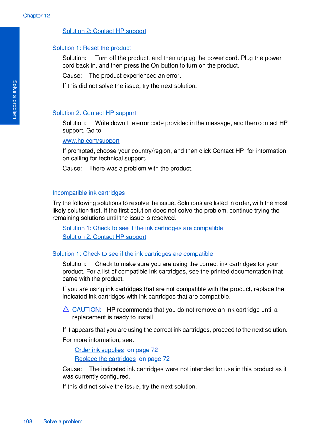 HP Premium - C309g manual Solution 1 Reset the product, Solution 2 Contact HP support, Incompatible ink cartridges 
