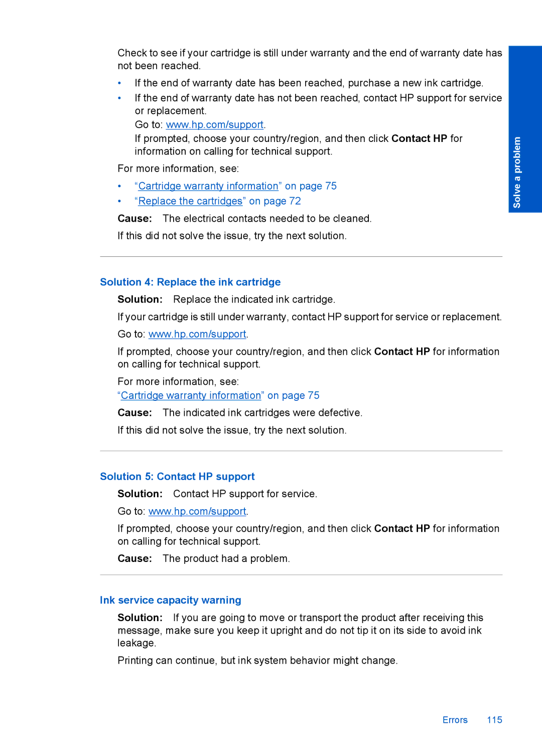 HP Premium - C309g manual Solution 4 Replace the ink cartridge, Solution 5 Contact HP support, Ink service capacity warning 