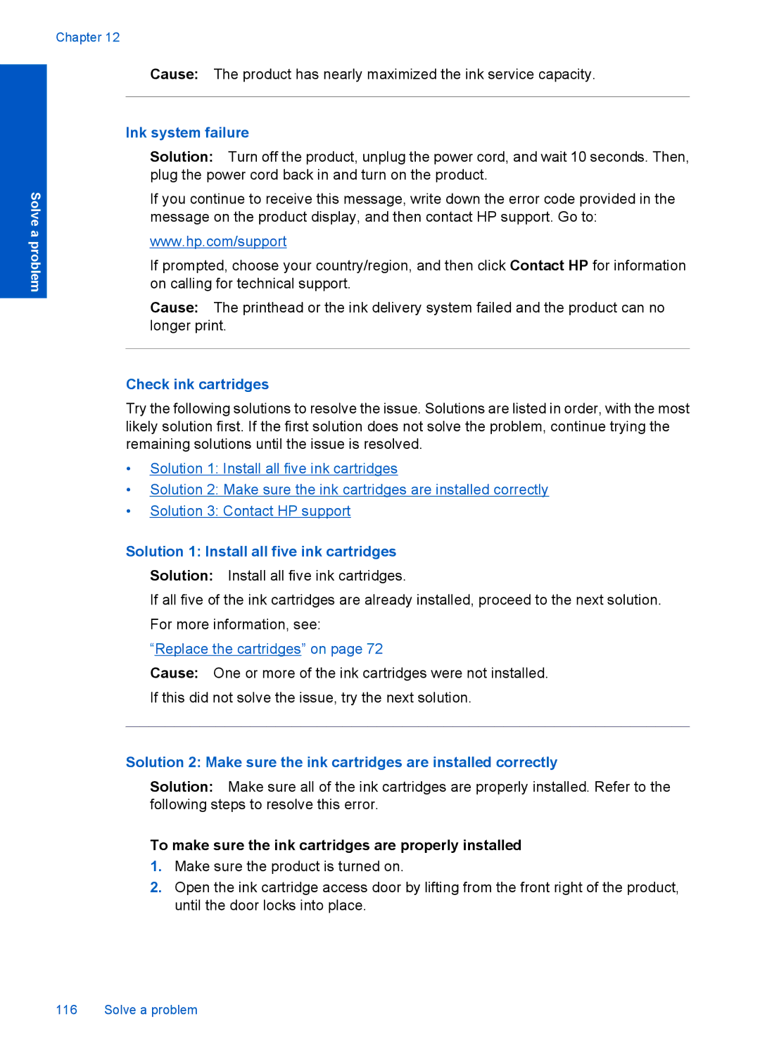 HP Premium - C309g manual Ink system failure, Check ink cartridges, Solution 1 Install all five ink cartridges 