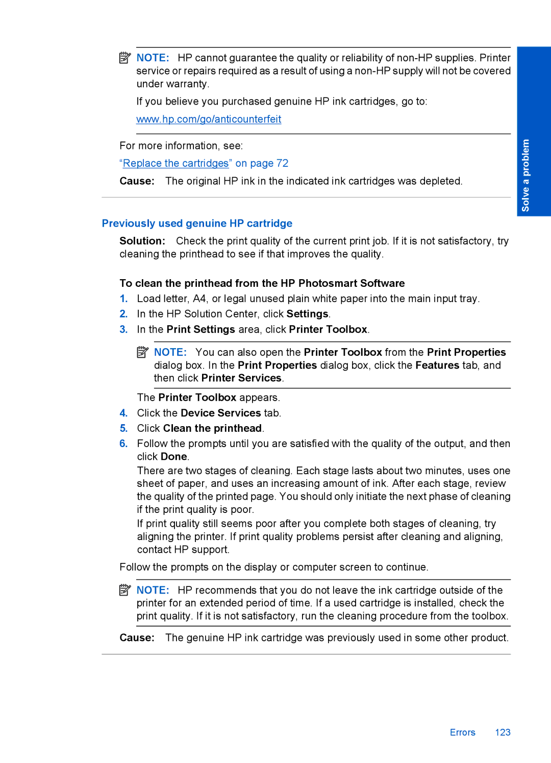 HP Premium - C309g manual Previously used genuine HP cartridge, To clean the printhead from the HP Photosmart Software 