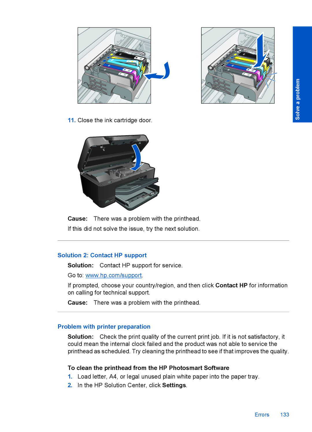 HP Premium - C309g manual Close the ink cartridge door, Problem with printer preparation 