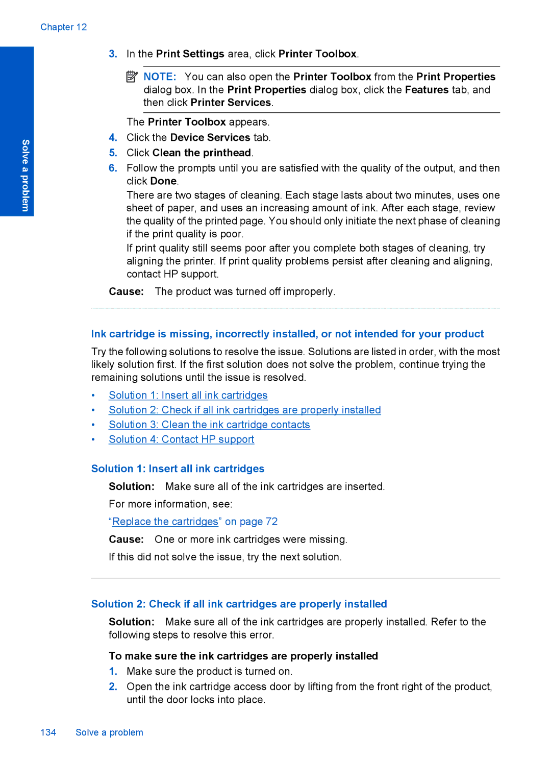 HP Premium - C309g manual Solution 1 Insert all ink cartridges, To make sure the ink cartridges are properly installed 