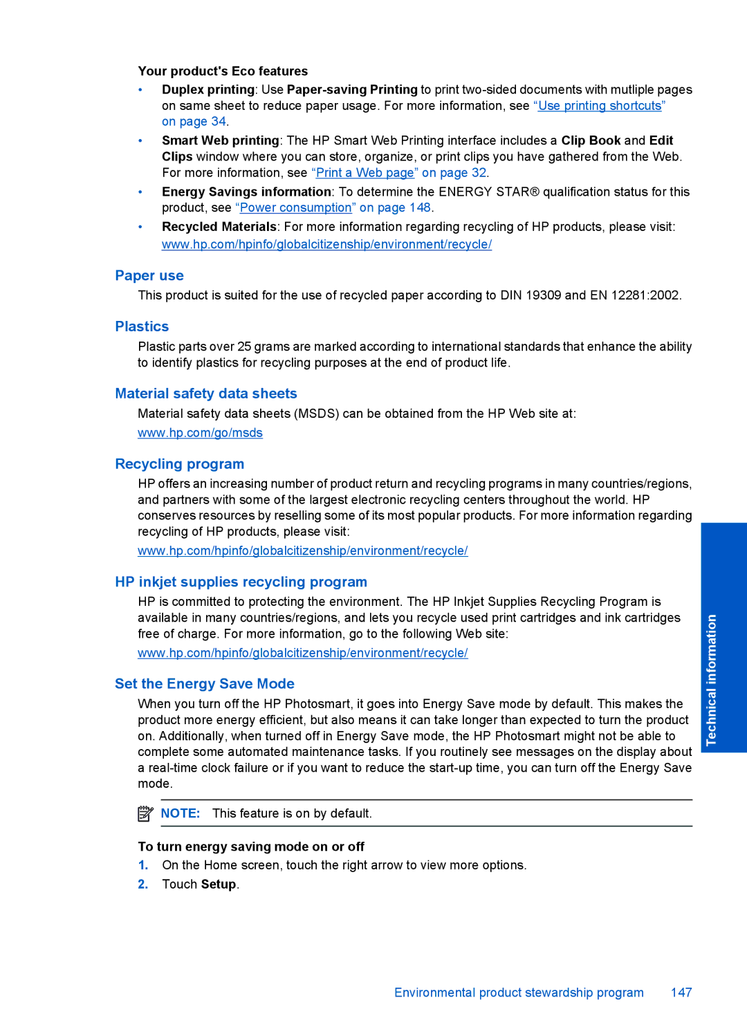 HP Premium - C309g manual Paper use, Plastics, Material safety data sheets, Recycling program, Set the Energy Save Mode 