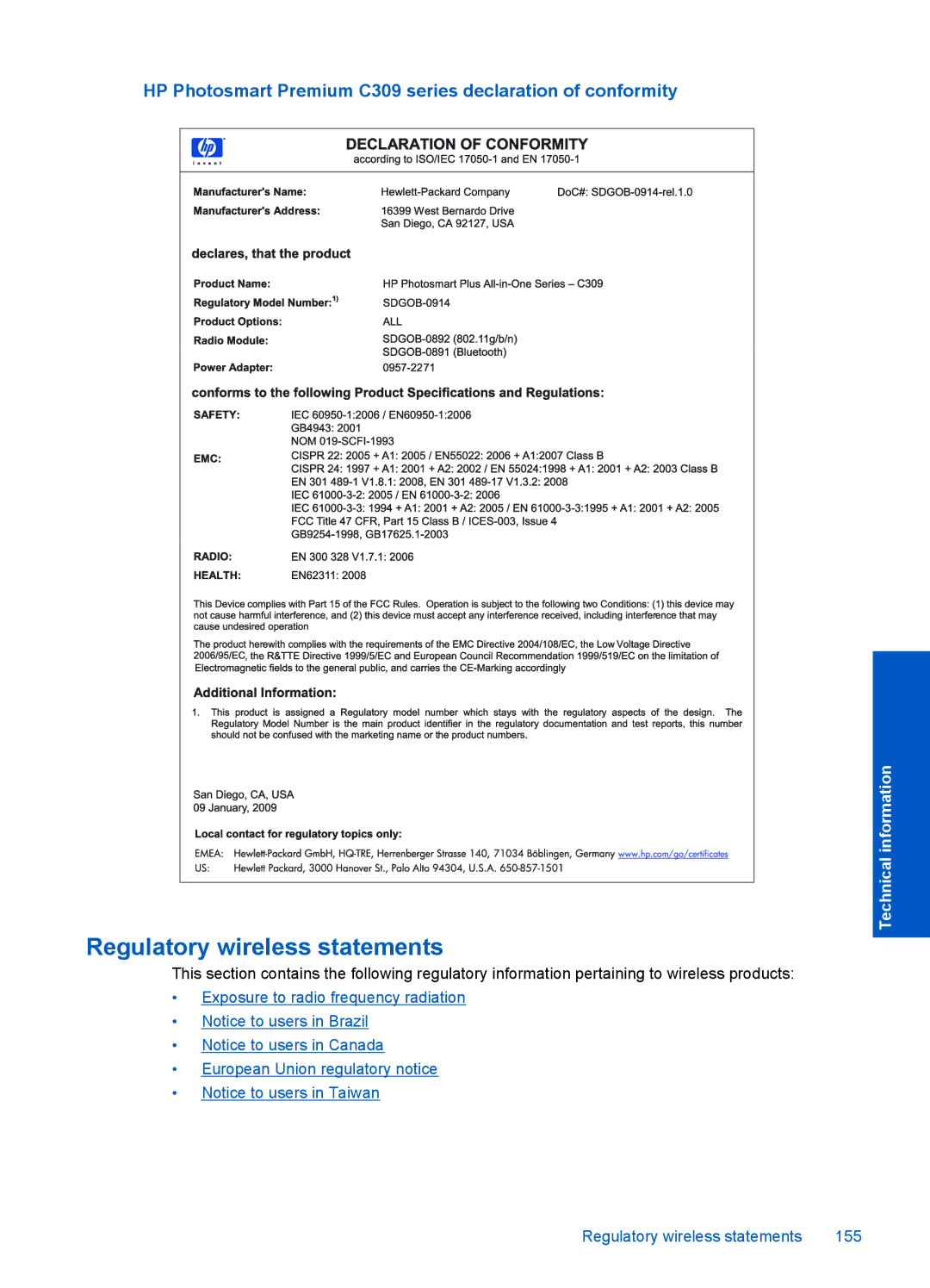 HP Premium - C309g manual Regulatory wireless statements, HP Photosmart Premium C309 series declaration of conformity 